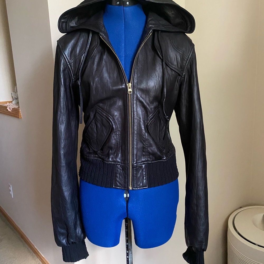 Mike & Chris Black Leather Jacket with Hood